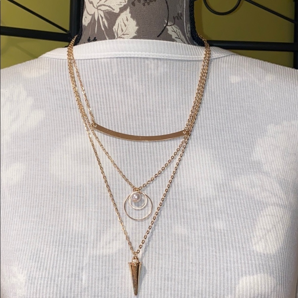 Gold Triple Layered Bar, Pearl, Arrowhead Necklace